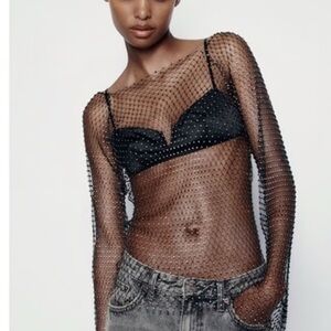 Zara: Black Mesh Long Sleeve Top